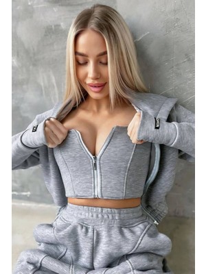 Lovefab Love Fab 3 Lü Kapşonlu Fermuar Detaylı Crop Eşofman Takımıı