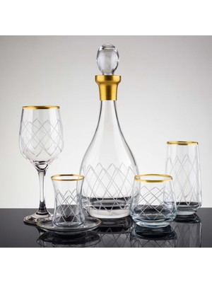 61 Parça 12 Kişilik Kare Gold El Dekor Kesme Cam Su Takımı​​​​​​​