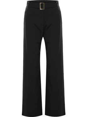 FRM Kadın Yeni Moda Büyük Beden Geniş Paça Uzun Boy Dokuma Kemerli Kumaş Pantolon