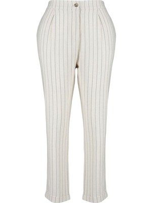 FRM Kadın Yeni Moda Büyük Beden Boru Paça Regular Boy Dokuma Keten Görünümlü Çizgili Pantolon