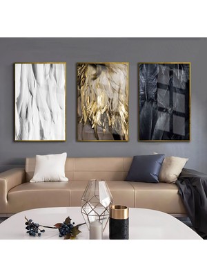 Harikabirev siyah-Beyaz-Gold Tüy Kombini |çerçeveli Cam Tablo  3lü Dikey
