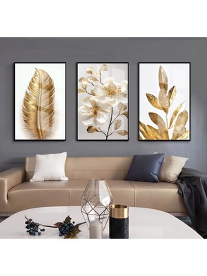 Harikabirev Beyaz-Gold Yaprak-Çiçek Kombin 01 |çerçeveli Cam Tablo  3lü Dikey