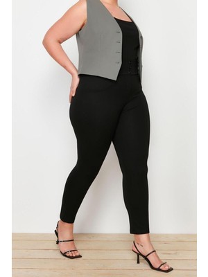 FRM Kadın Yeni Moda Büyük Beden Dar Paça Uzun Boy Örme Beli Lastikli Skinny Örme Pantolon