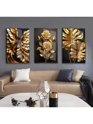 Harikabirev Siyah-Gold Gül/kanat/yaprak Kombini |çerçeveli Cam Tablo  3lü Dikey