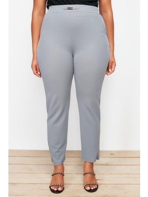 FRM Kadın Yeni Moda Büyük Beden Boru Paça Regular Boy Örme Cigarette Aksesuar Detaylı Örme Pantolon
