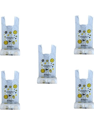 Arma Gülen Yüz Baskılı Rulo Şeffaf Market Poşet Torba - Atlet Poşet -Küçük Boy - 200 Adetlik 5 Rulo