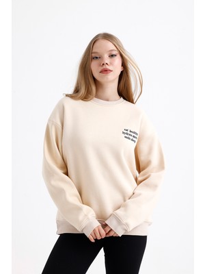 Kadın Oversize Şardonlu Nakış Işlemeli Yeşil Sweatshirt