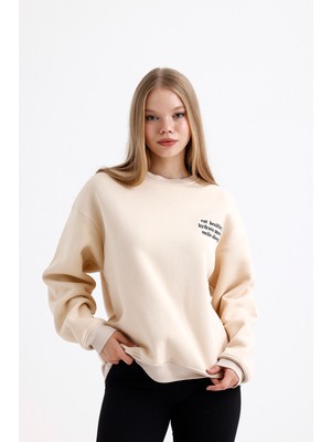 Kadın Oversize Şardonlu Nakış Işlemeli Yeşil Sweatshirt