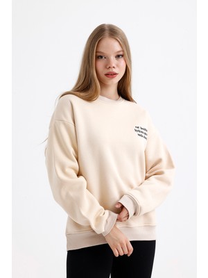 Kadın Oversize Şardonlu Nakış Işlemeli Yeşil Sweatshirt