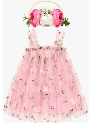 Pamuk Astar Çiçek Kelebek Nakışlı Şirin Yazlık Saç Bantlı Kız Çocuk Pembe Doğumgünü Elbisesi