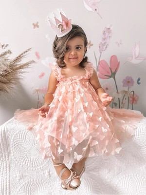 Somon Kelebek Aplikeli Şirin Askılı Kız Çocuk Doğumgünü Elbisesi