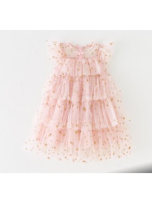 Açık Pembe Yıldızlı Tutu Kız Çocuk Doğumgünü Elbisesi