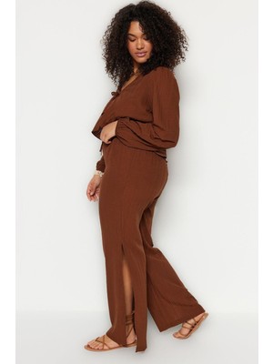 FRM Kadın Moda Büyük Beden Geniş Paça Uzun Boy Dokuma Yırtmaçlı Yüksek Bel Bürümcük Plaj Giyim Pantolon