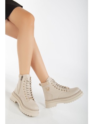 White Line 35 Kadın Simli Sargılı Kısa Postal Bot Bej