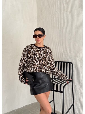 Zishan Fashion Leopar Desen Şardonlu Kadın Triko Kazak 003