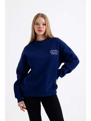 Kadın Oversize Şardonlu Nakış Işlemeli Yeşil Sweatshirt