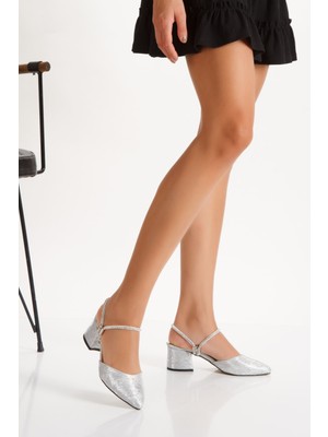 Uyege Kansas Seri Kadın Gümüş Taş Detaylı Topuklu Stiletto Abiye Ayakkabı