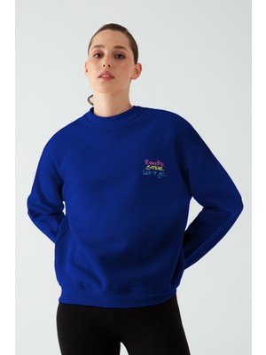 Kadın Oversize Şardonlu Nakış Işlemeli Saks Mavi Sweatshirt