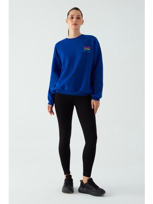 Kadın Oversize Şardonlu Nakış Işlemeli Saks Mavi Sweatshirt