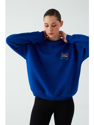 Kadın Oversize Şardonlu Nakış Işlemeli Saks Mavi Sweatshirt