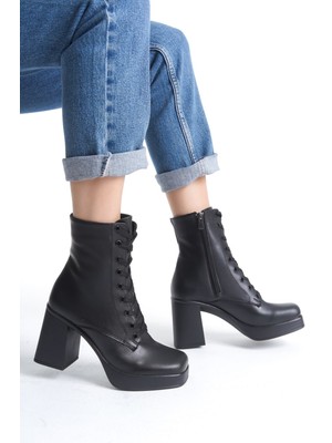 Mubiano MBSR1040-S Kadın Kalın Topuklu Küt Burunlu Fermuar Detaylı Siyah Bot&bootie