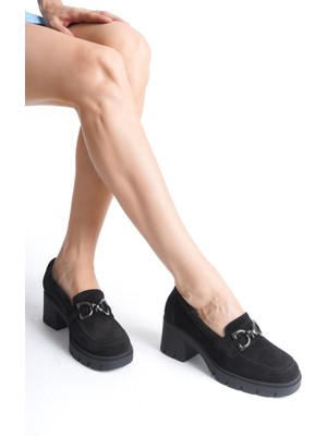 Mubiano Collection Mubiano Hakiki Deri Collection Kadın Toka Detaylı Kısa Kalın Topuklu Süet Kolej Ayakkabı Siyah - MCSR1004 - S