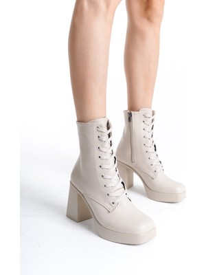 Mubiano MBSR1040-BJ Kadın Kalın Topuklu Küt Burunlu Fermuar Detaylı Bej Bot&bootie