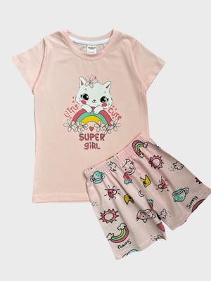 Elmas Kids Kız Çocuk %100 Pamuklu Kedi Gökkuşağı Çiçek Desenli Pembe Kısa Kollu Şortlu Yazlık Pijama Takımı