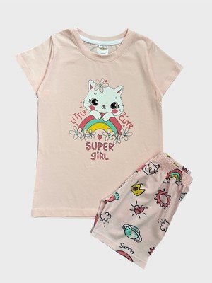 Elmas Kids Kız Çocuk %100 Pamuklu Kedi Gökkuşağı Çiçek Desenli Pembe Kısa Kollu Şortlu Yazlık Pijama Takımı