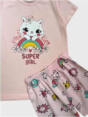 Elmas Kids Kız Çocuk %100 Pamuklu Kedi Gökkuşağı Çiçek Desenli Pembe Kısa Kollu Şortlu Yazlık Pijama Takımı