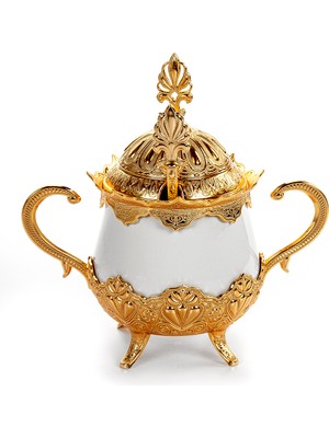 İhvan Online Kapaklı ve Kaşıklı Lüks Porselen Şekerlik Lokumluk Gümüş Gold