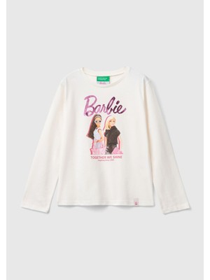 United Colors Of Benetton Kız Çocuk Ekru Önü Barbie Baskılı Bisiklet Yaka Uzun Kollu T-Shirt