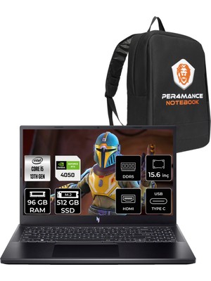 Acer Nitro V 15 Intel Core I5 13420H 96GB 512GB SSD RTX4050/6GB 15.6'' Fhd 144Hz Fdos Taşınabilir Bilgisayar & Per4 Çanta NHQNBEY004P337