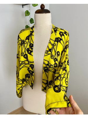 Kadın Crop Sarı Çengel Iğne Desenli Ceket Kimono