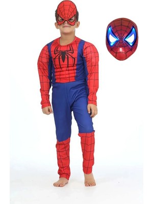 Sedirli Spiderman Kostümü Kaslı Çocuk Işıklı Maskeli Örümcek Adam Kaslı Kostümü Maskeli Parti Kıyafeti