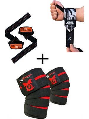 Fitness Sporcu Bilekliği Wrist Wraps Dark Kamuflaj + Ağırlık Kaldırma Kayışı Lifting Straps Turuncu + Antrenman Dizliği Knee Wraps Elite 3'lü Paket