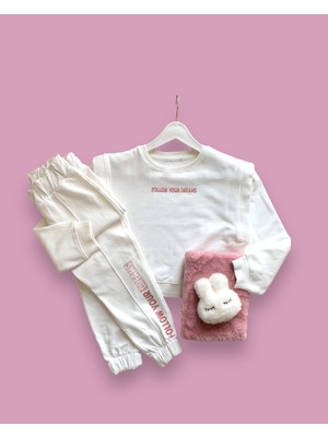 Little Tortoise Ekru Pamuklu Içi Tüylü Yumuşak Dokulu Standart Fit Yazı Nakışlı Kız Çocuk Eşofman Takımı