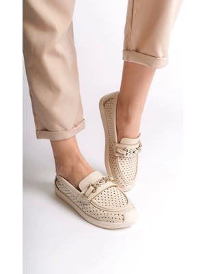 Radias Ayakkabı Lıly Bağcıksız Ortopedik Rahat Taban Kalp Desenli Krem Babet Ayakkabı