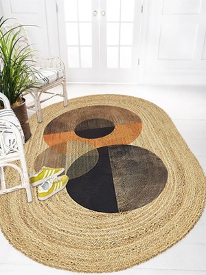 Kilim Home Boho 986 Oval Siyah Etnik Desenli Jüt Rengi Örgü Yuvarlak Natural Çift Taraflı Halı