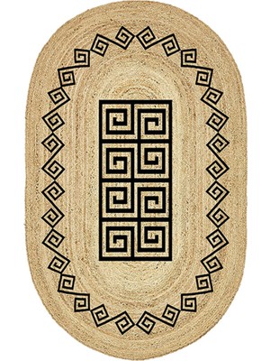 Kilim Home Boho 987 Jüt Hasır Etnik Desenli Oval Jüt Örme Doğal Hasır Natural Oval Halı