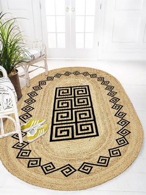 Kilim Home Boho 987 Jüt Hasır Etnik Desenli Oval Jüt Örme Doğal Hasır Natural Oval Halı