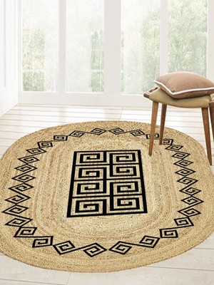 Kilim Home Boho 987 Jüt Hasır Etnik Desenli Oval Jüt Örme Doğal Hasır Natural Oval Halı