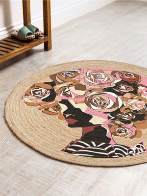 Kilim Home Boho 905 Jut Renkli Kadın Temalı Etnik Örgü Yuvarlak Natural Renk Çift Taraflı Halı