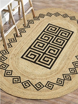 Kilim Home Boho 987 Jüt Hasır Etnik Desenli Oval Jüt Örme Doğal Hasır Natural Oval Halı