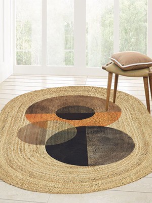 Kilim Home Boho 986 Oval Siyah Etnik Desenli Jüt Rengi Örgü Yuvarlak Natural Çift Taraflı Halı