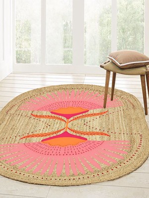 Kilim Home Boho 989 Jüt Hasır Etnik Desenli Oval Jüt Örme Hasır Natural Oval Halı