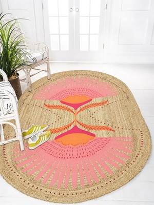 Kilim Home Boho 989 Jüt Hasır Etnik Desenli Oval Jüt Örme Hasır Natural Oval Halı