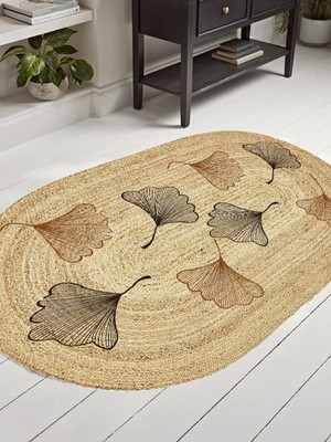 Kilim Home Boho 982 Oval Siyah Yel Motifli Etnik Desenli Jüt Rengi Örgü Yuvarlak Natural Çift Taraflı Halı