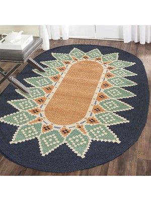 Kilim Home Boho 978 Jüt Hasır Etnik Desenli Oval Jüt Örme Doğal Hasır Natural Oval Halı