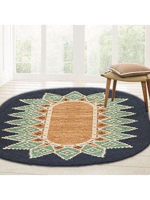 Kilim Home Boho 978 Jüt Hasır Etnik Desenli Oval Jüt Örme Doğal Hasır Natural Oval Halı